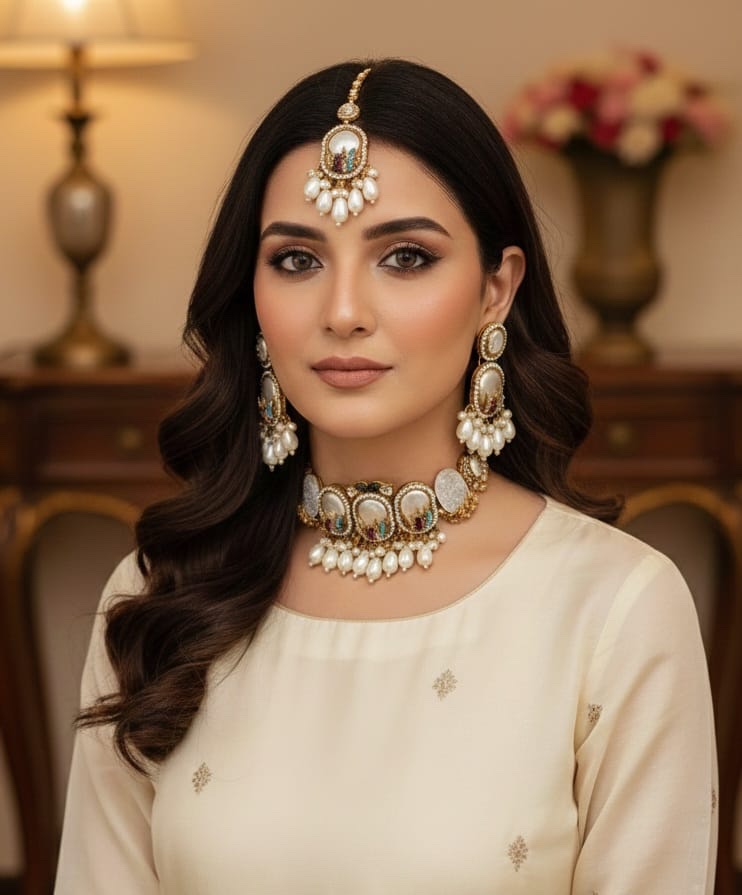 b47c1130-a6e0-433a-a35a-7d85501220ab *Beautiful Designer fine quality zarcon crush MOP Turkish choker set with tika ππ«*
*Rs ... - Image 1